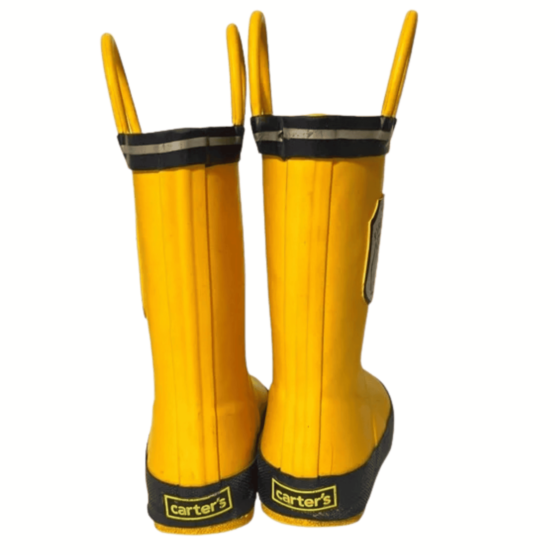 Pair of yellow rain boots with Carter's logo on a yellow background