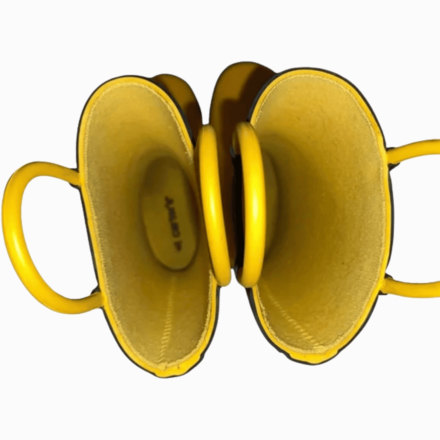 Yellow rubber duck with a visible brand logo on a gray background