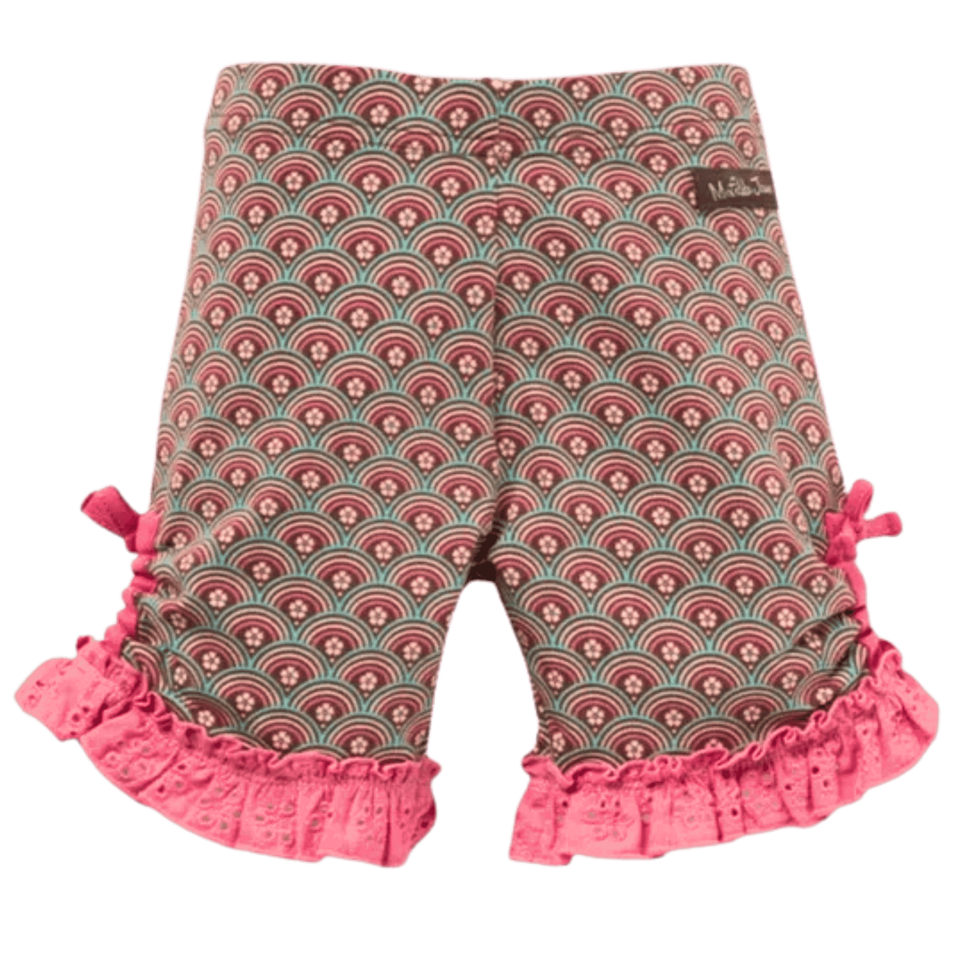 Patterned shorts with pink ruffles on a green background