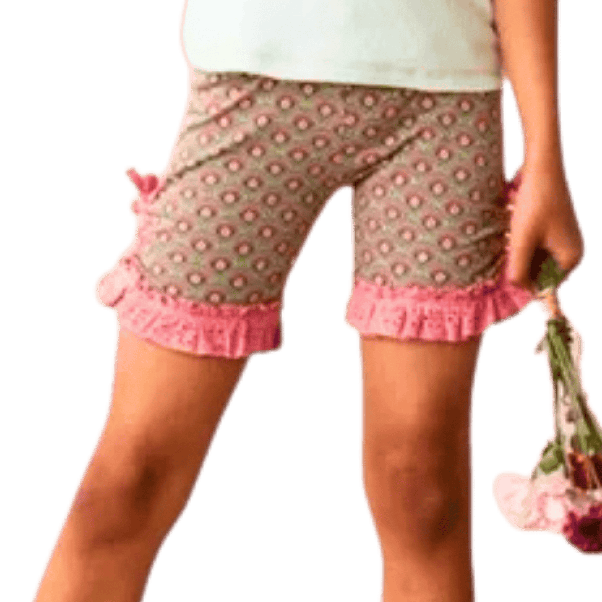 Polka dot shorts with pink trim worn by a person on a transparent background