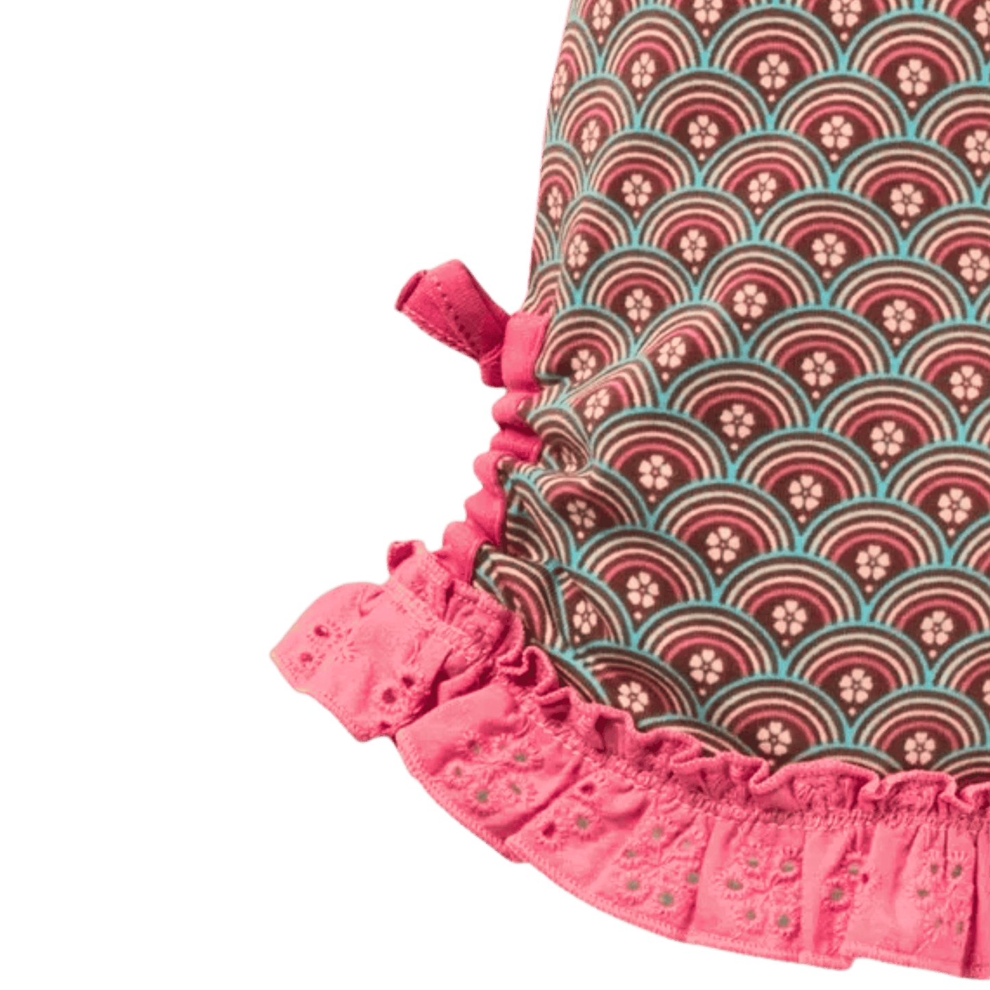 Patterned fabric with pink ruffled trim on a green background