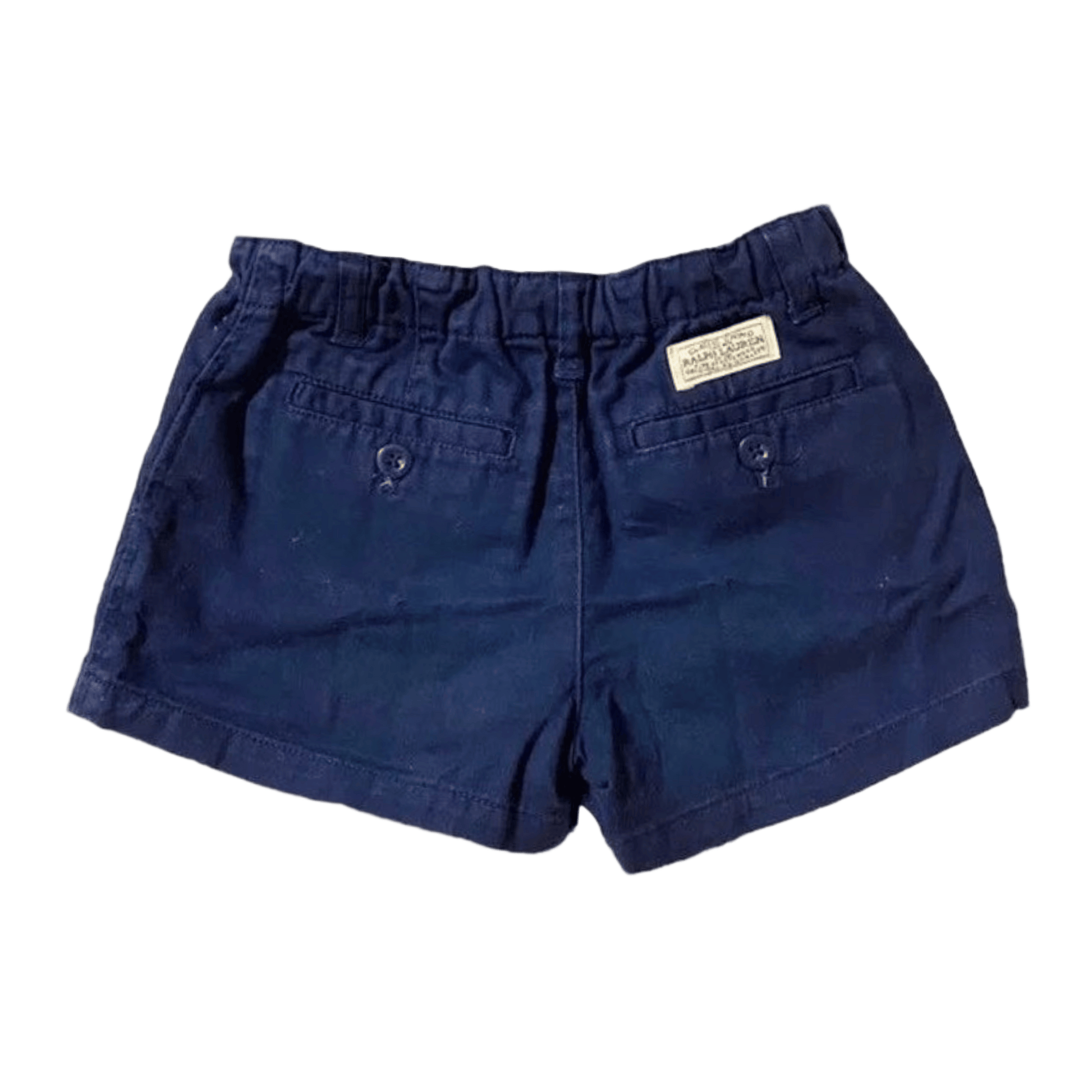 Navy blue shorts with a brand label on a transparent background