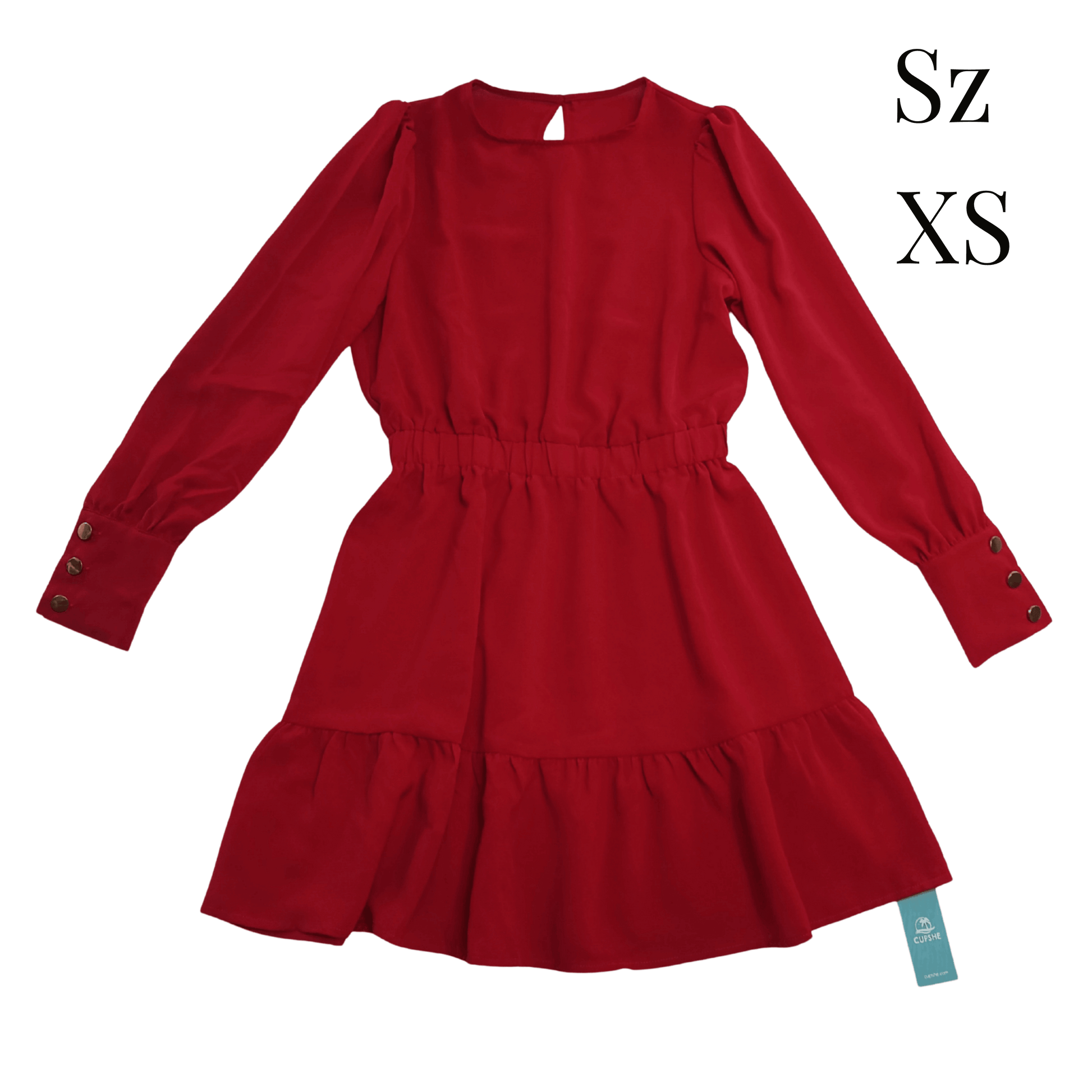 Red dress with long sleeves and a tag on a transparent background