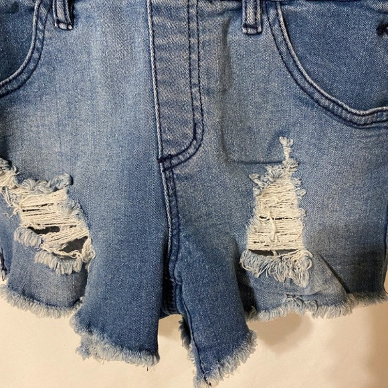 Refuge Denim Light Wash Blue Overall Shorts Shortalls Distressed Women's Size 2