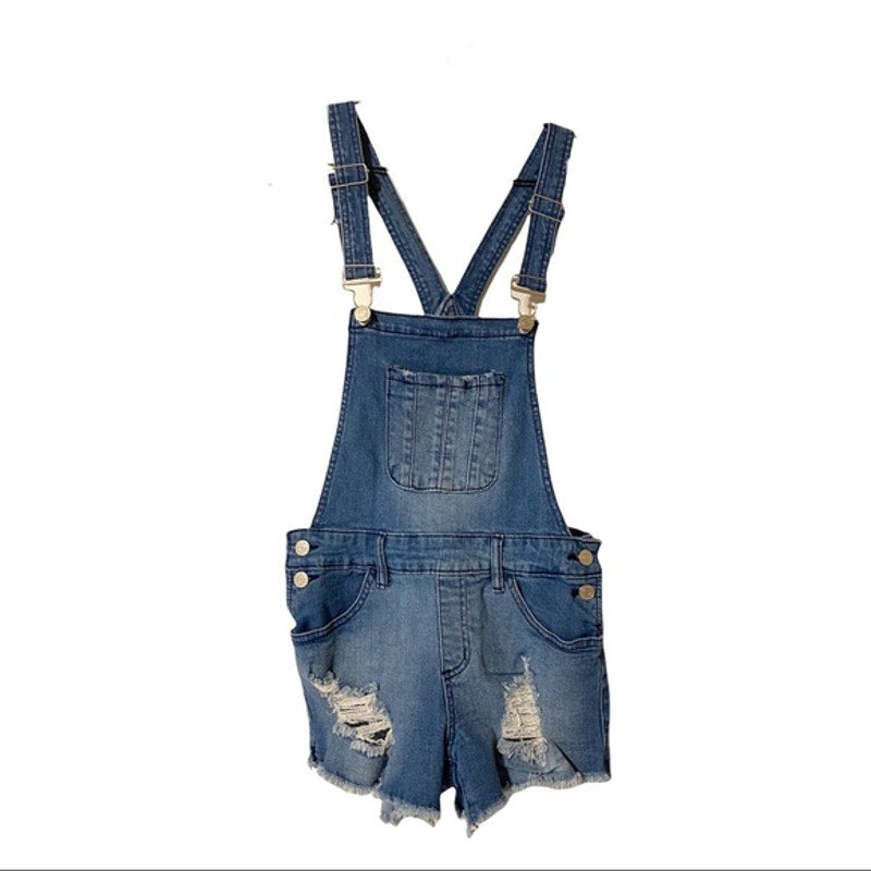 Denim overall shorts with distressed details on a white background