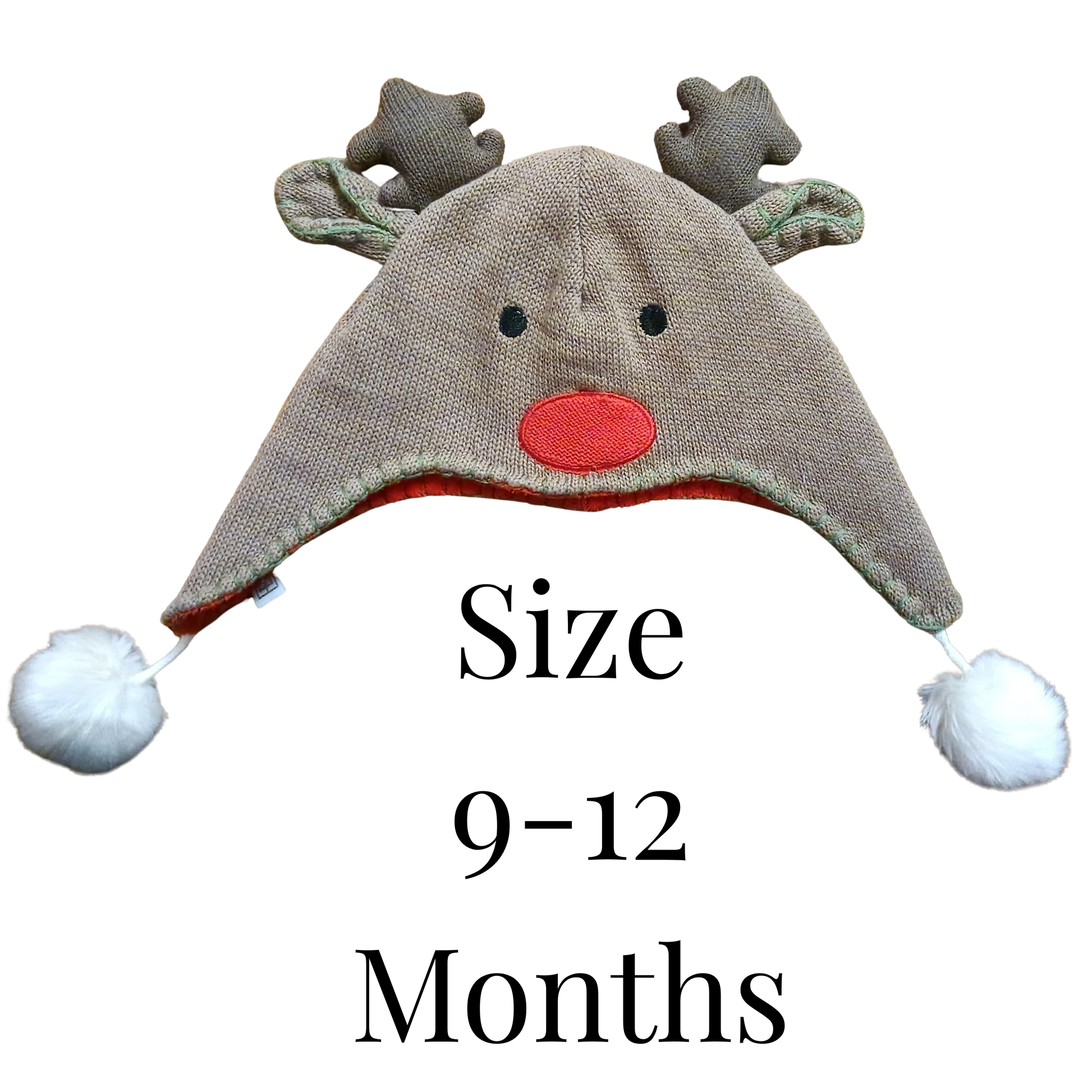 Children's reindeer hat with antlers and pom-poms on a white background, size 9-12 months.