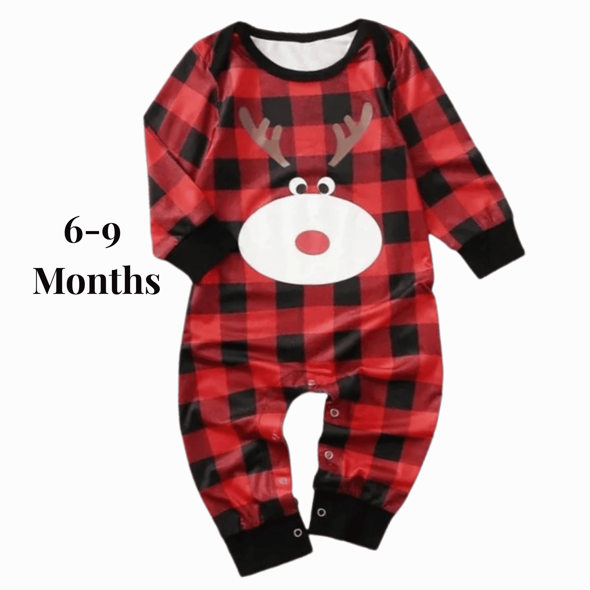 Red and black checkered baby romper with reindeer face design on a gray background