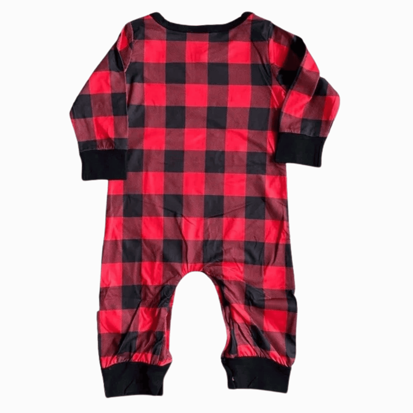 Red and black checkered baby romper on a gray background