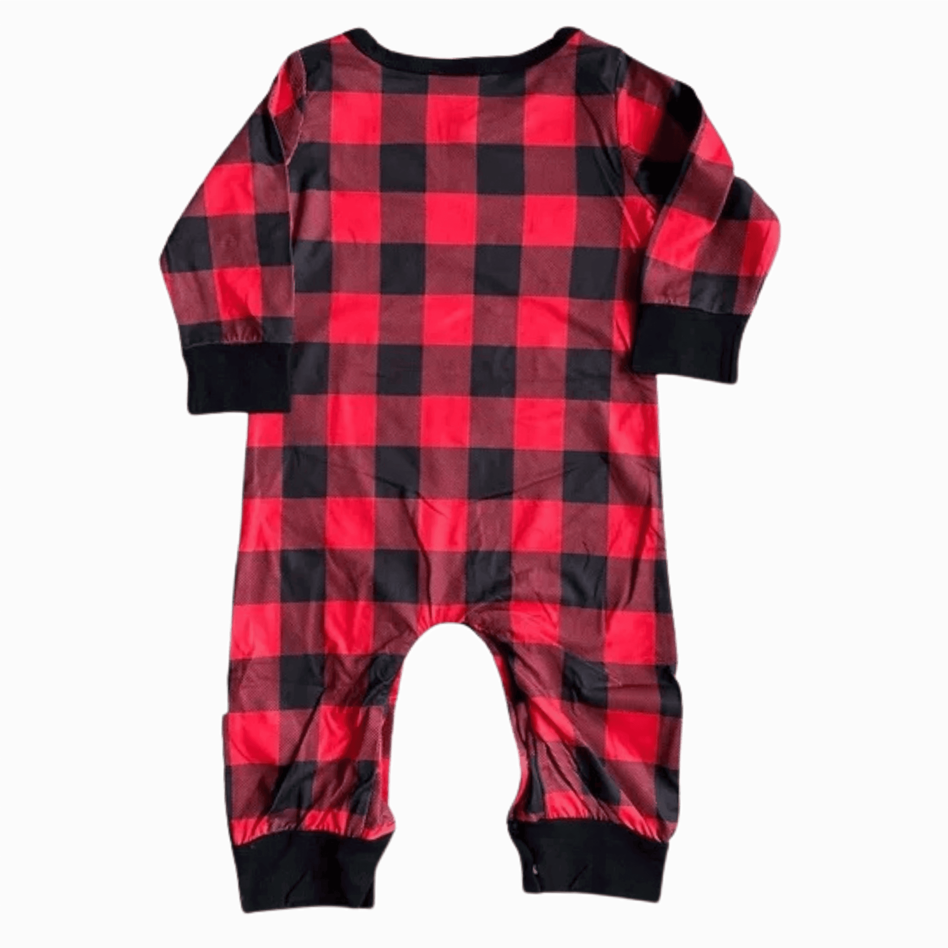 Red and black checkered baby romper on a gray background