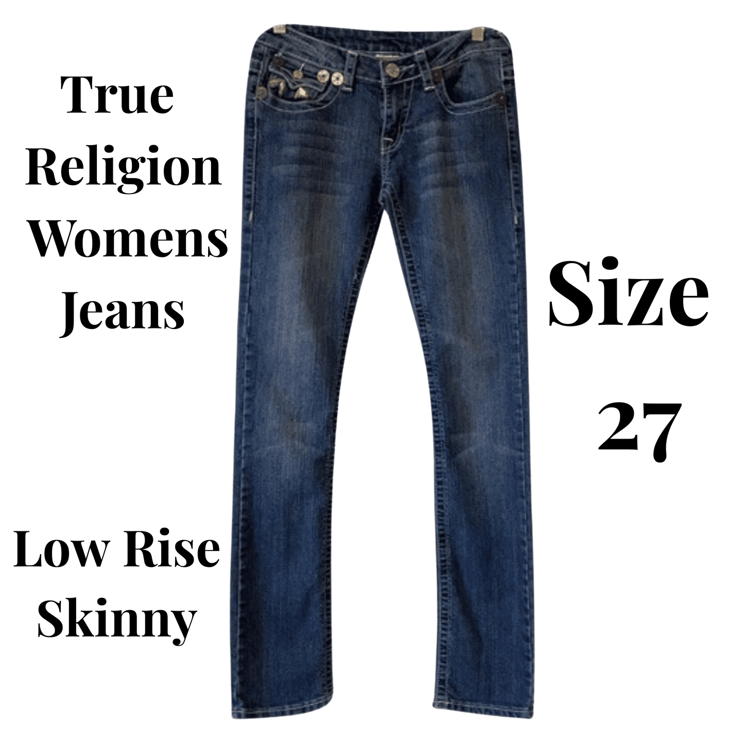 True Religion women's jeans with size 27 label on a green background