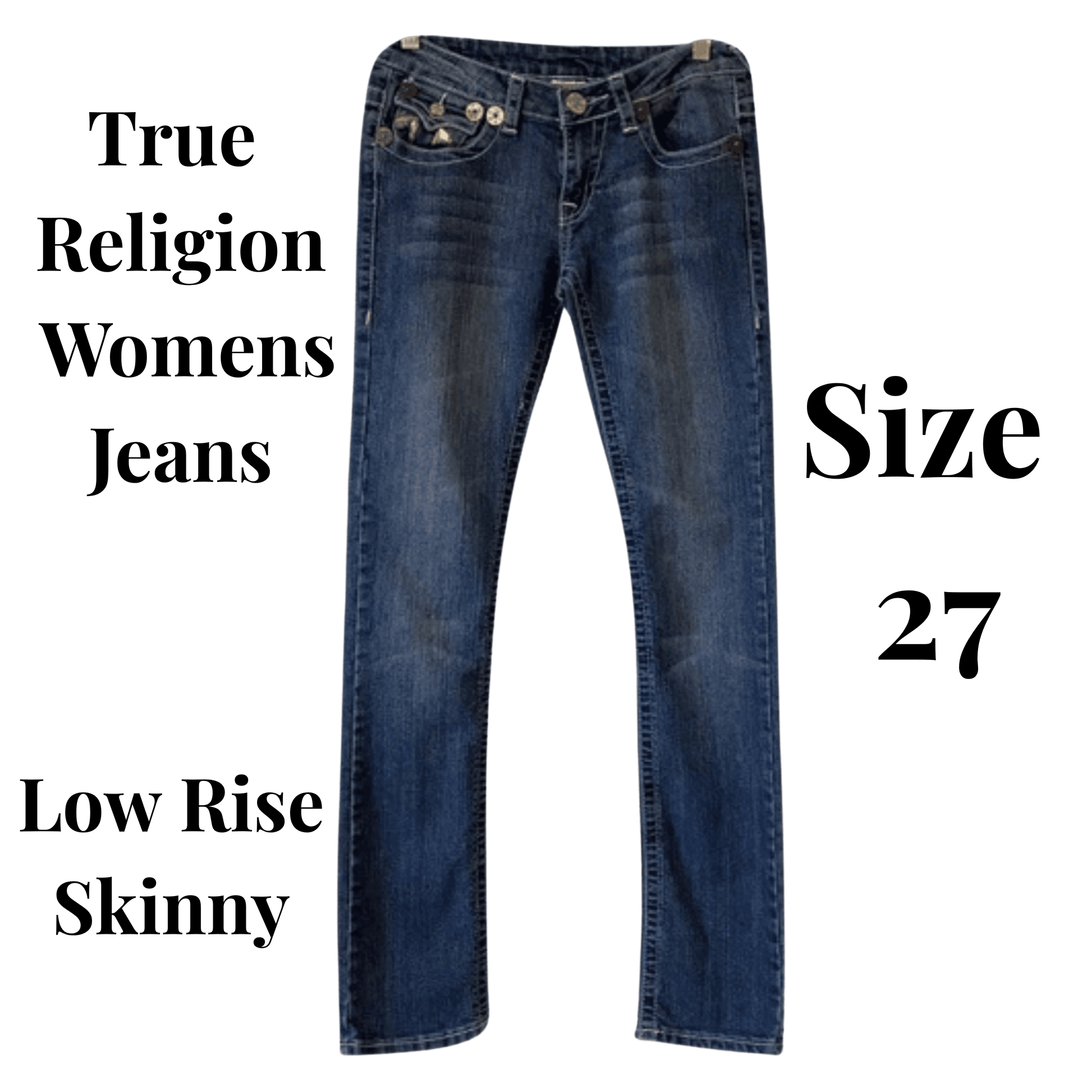 True Religion women's jeans with size 27 label on a green background