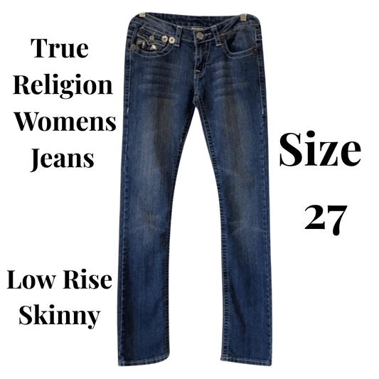 True Religion women's jeans with size 27 label on a green background