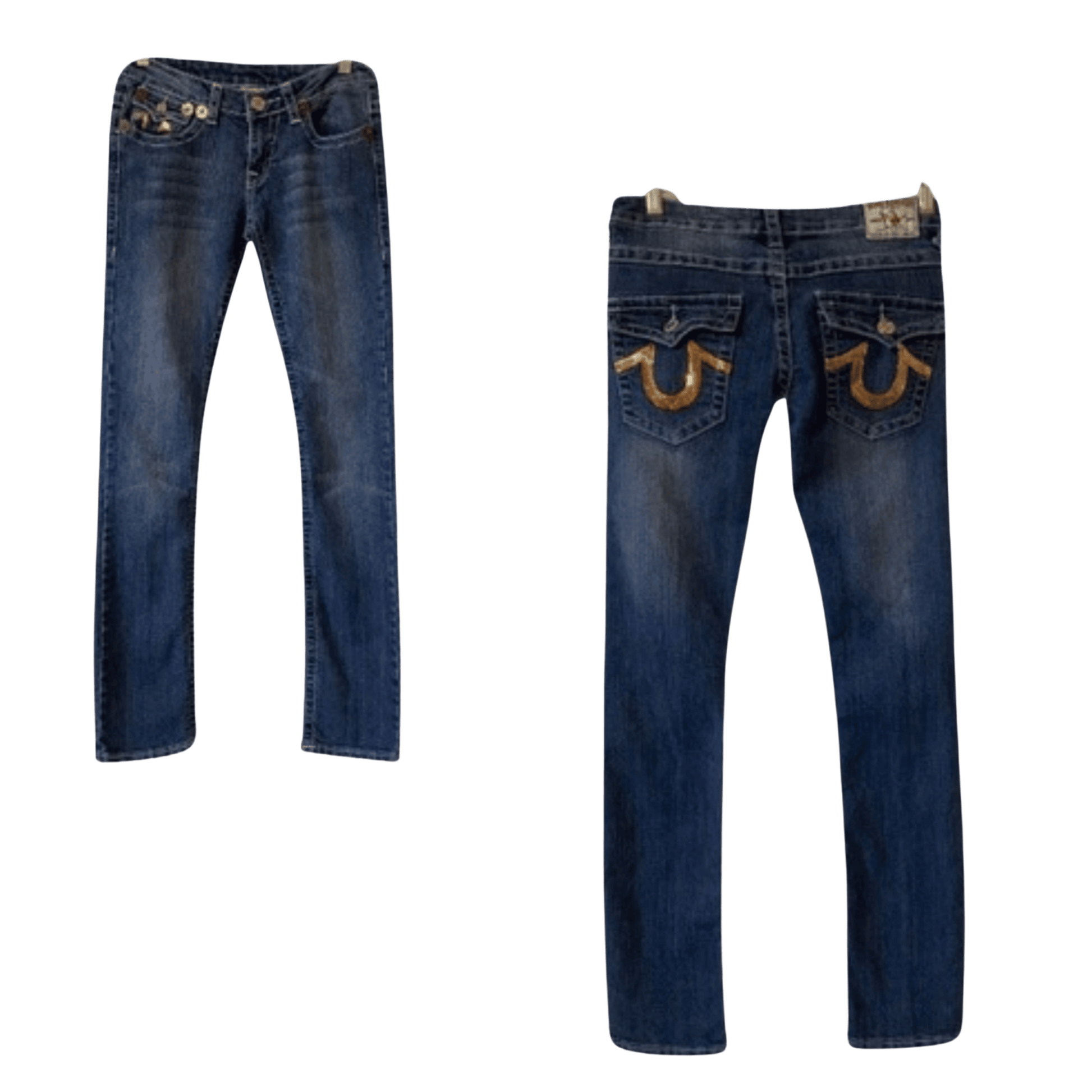 Pair of blue jeans with a brand logo on a transparent background