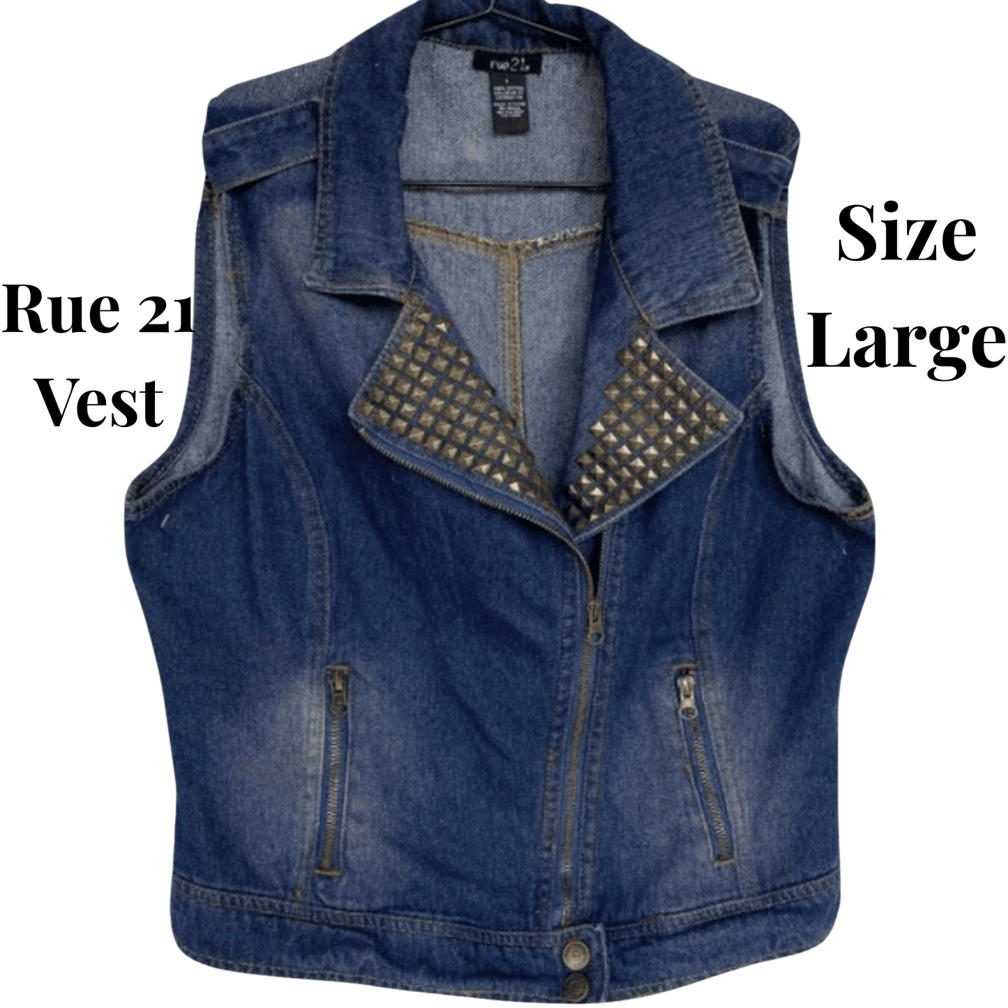 Blue denim vest with studded details on a transparent background