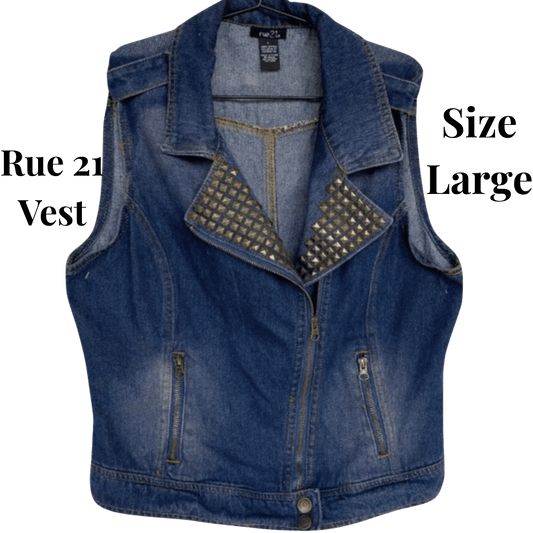 Blue denim vest with studded details on a transparent background
