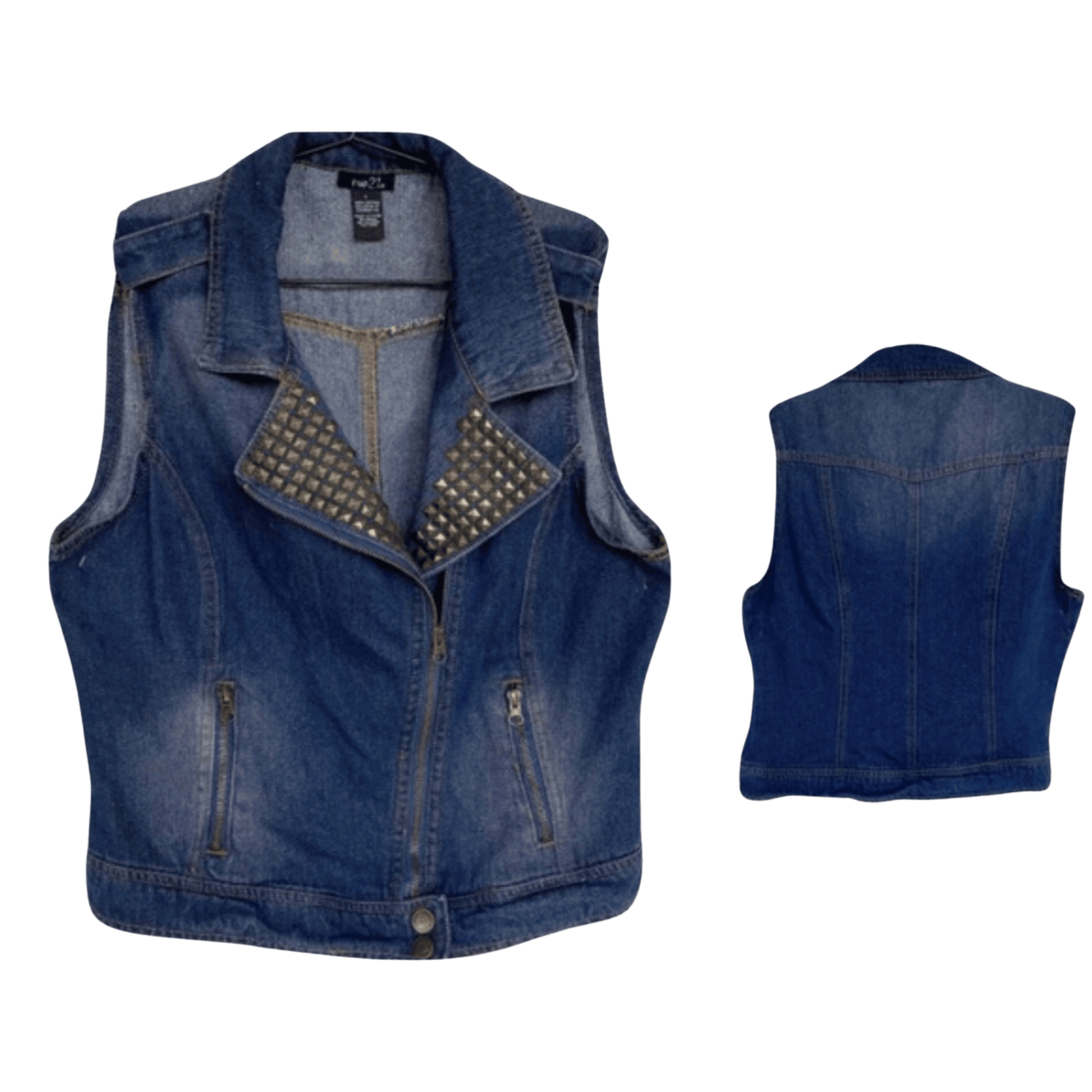 Blue denim vest with studded details on a transparent background