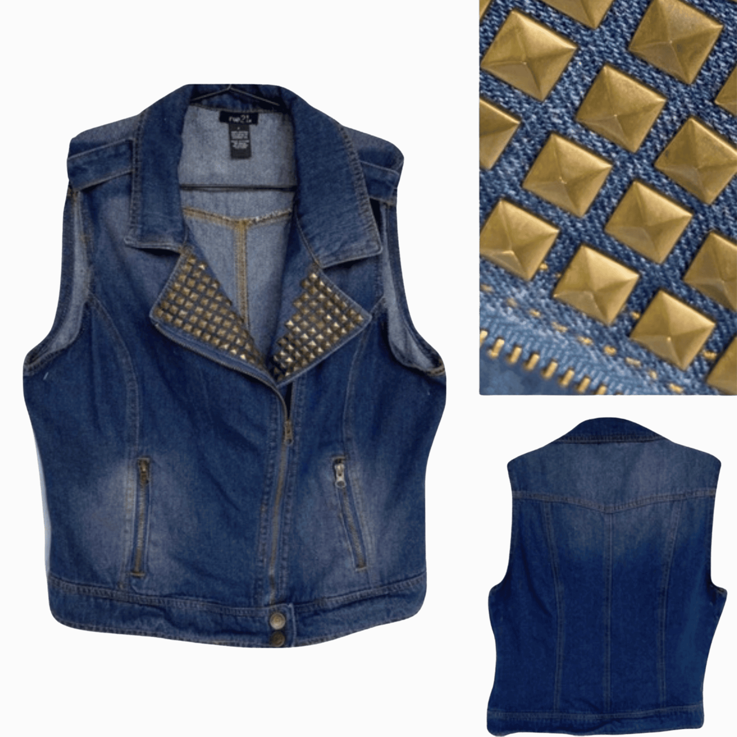 Blue denim vest with gold studded details on a gray background