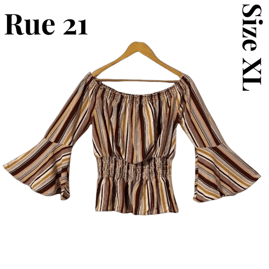Striped blouse on a hanger with 'Rue 21' and 'Size XL' text on a green background
