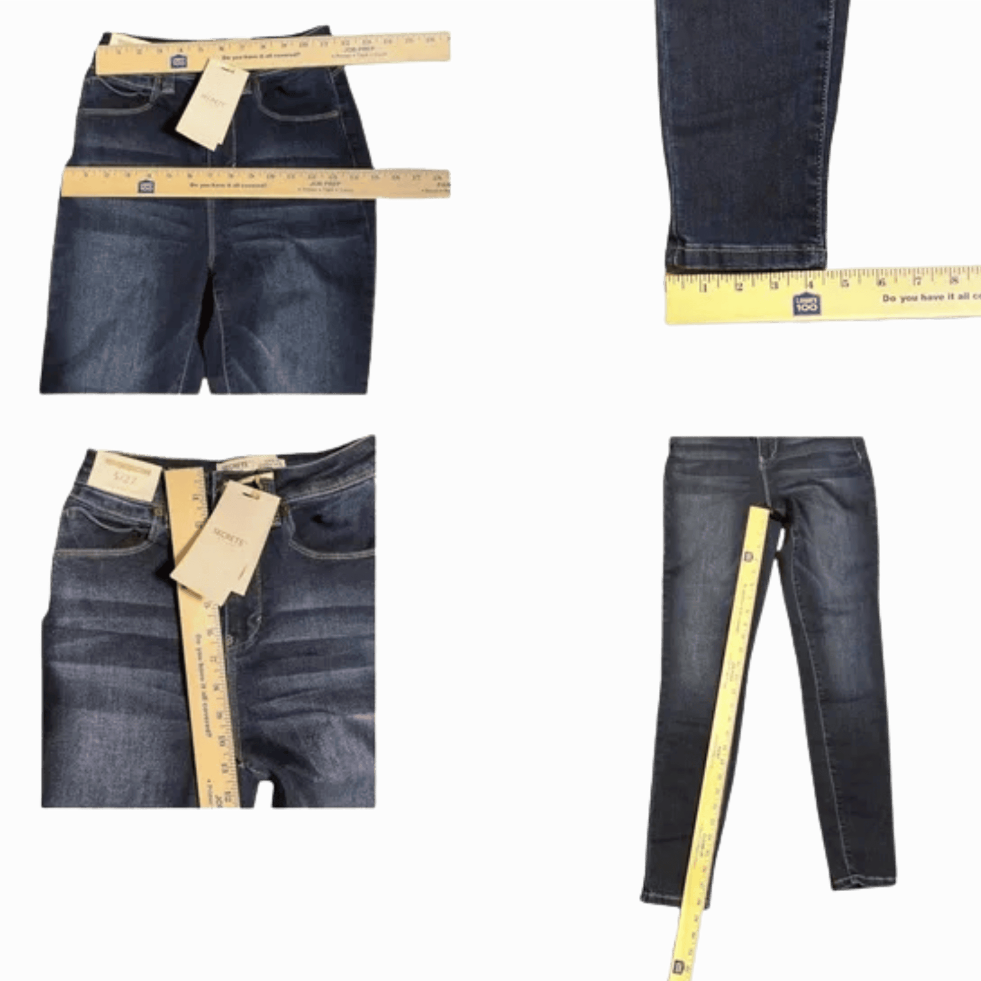 Collage of jeans with measuring tapes indicating measurements on a gray background