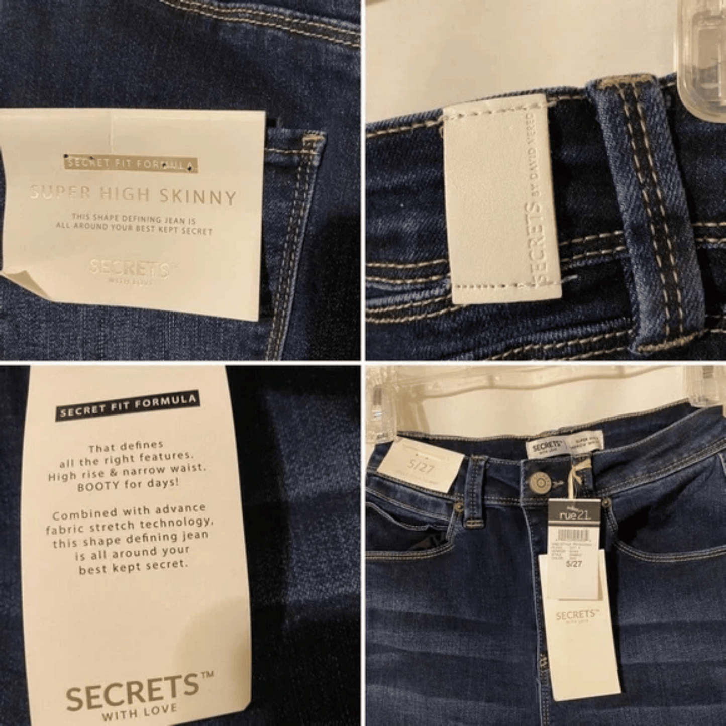 Collage of denim jeans with brand labels and details