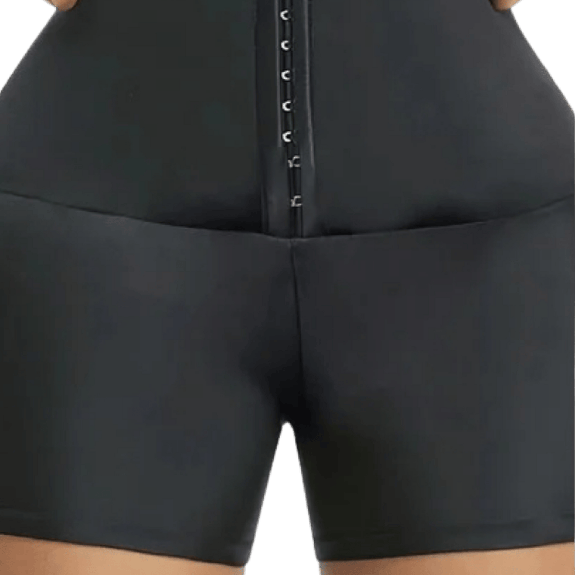 Black high-waisted shorts with a zipper detail on a transparent background