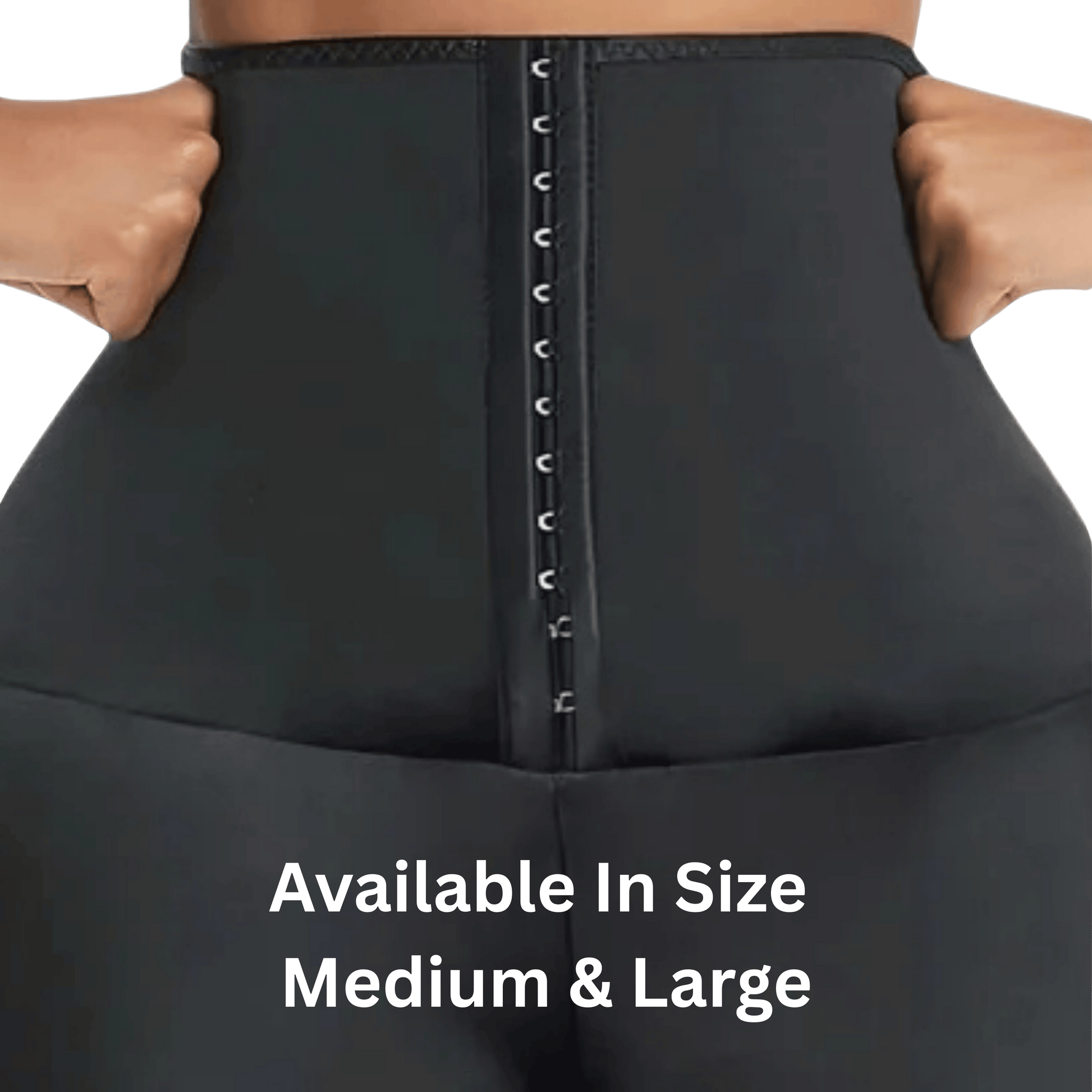 Black waist trainer with text indicating available sizes Medium & Large on a green background