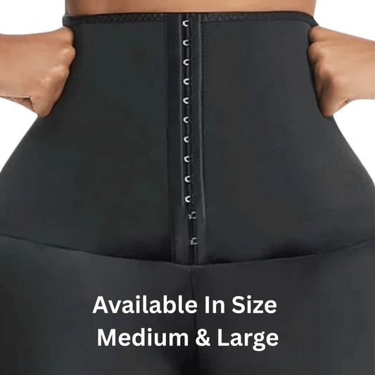 Black waist trainer with text indicating available sizes Medium & Large on a green background
