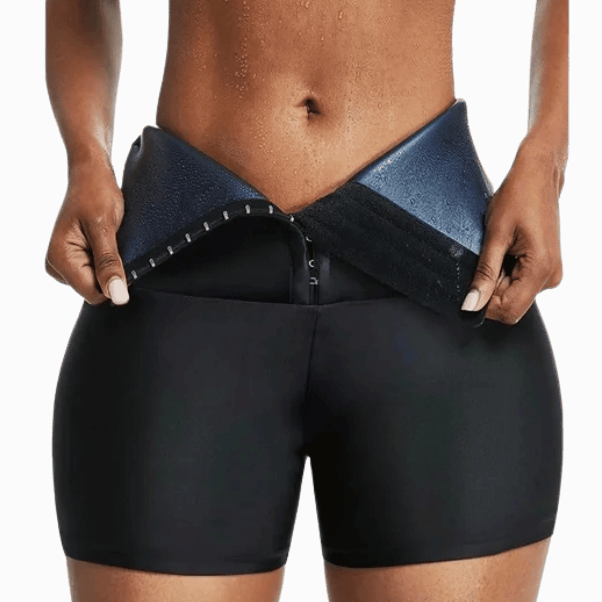 Person wearing black shorts with a blue waistband on a gray background