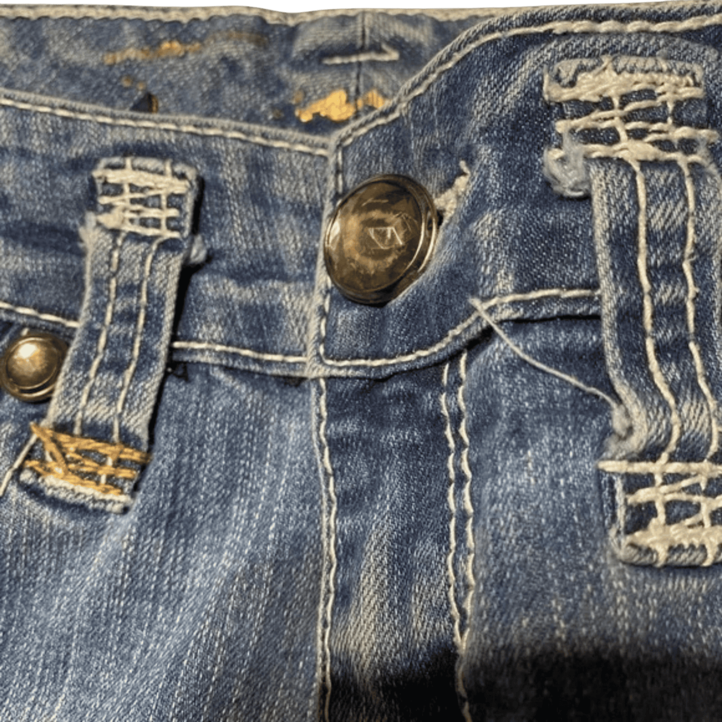 Close-up of a blue denim jacket with buttons and stitching details.