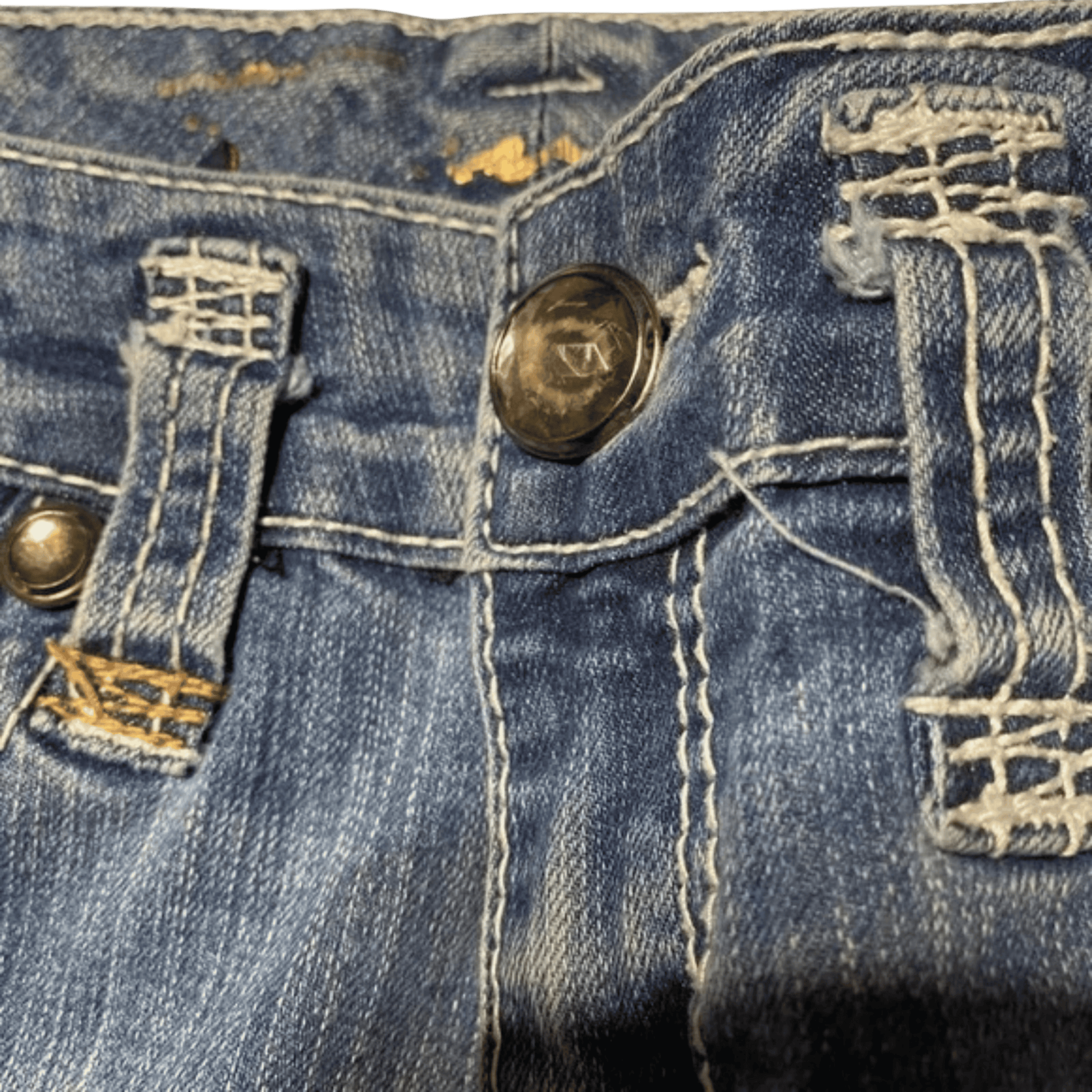 Close-up of a blue denim jacket with buttons and stitching details.