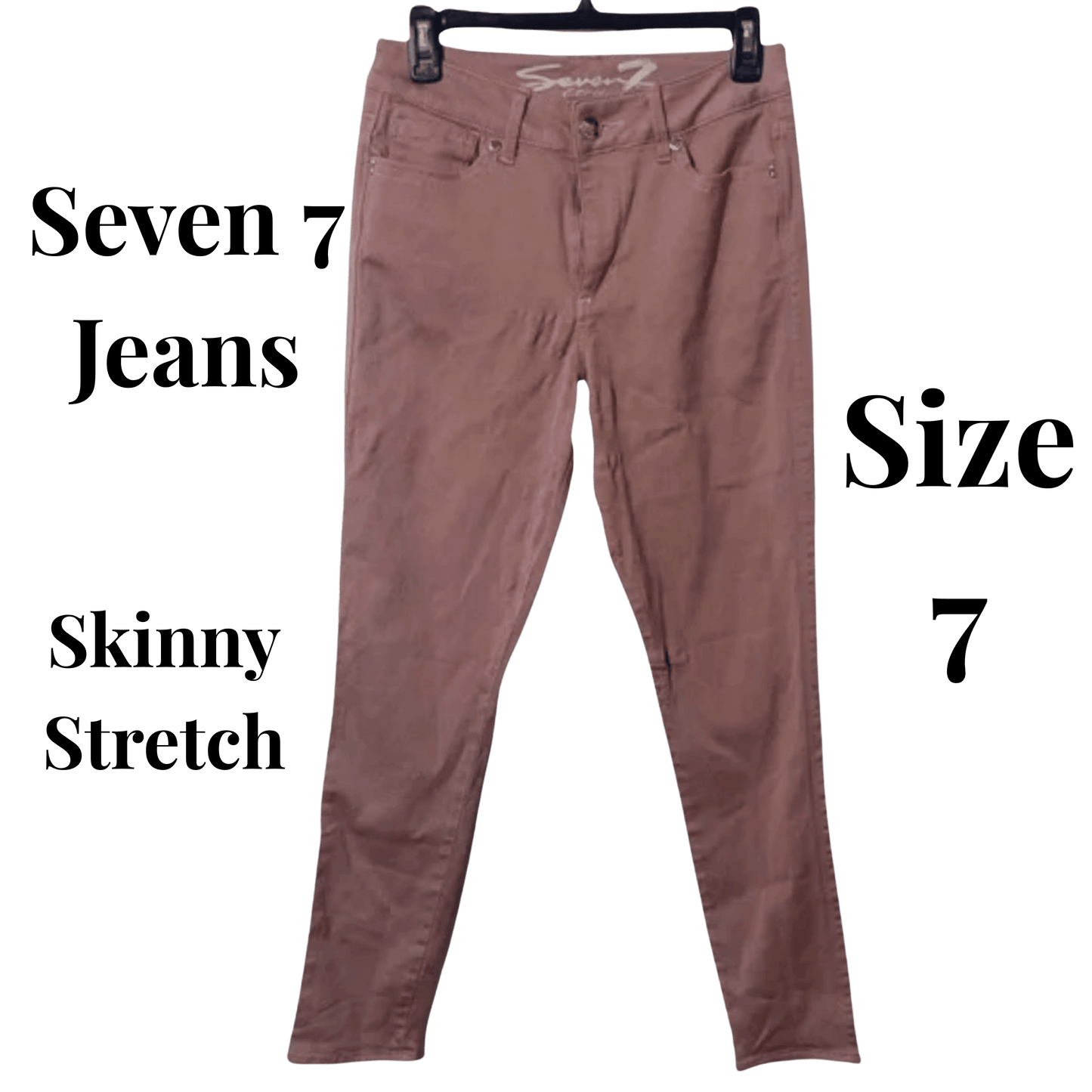 Brown skinny stretch jeans on a hanger with 'Seven 7 Jeans' branding.