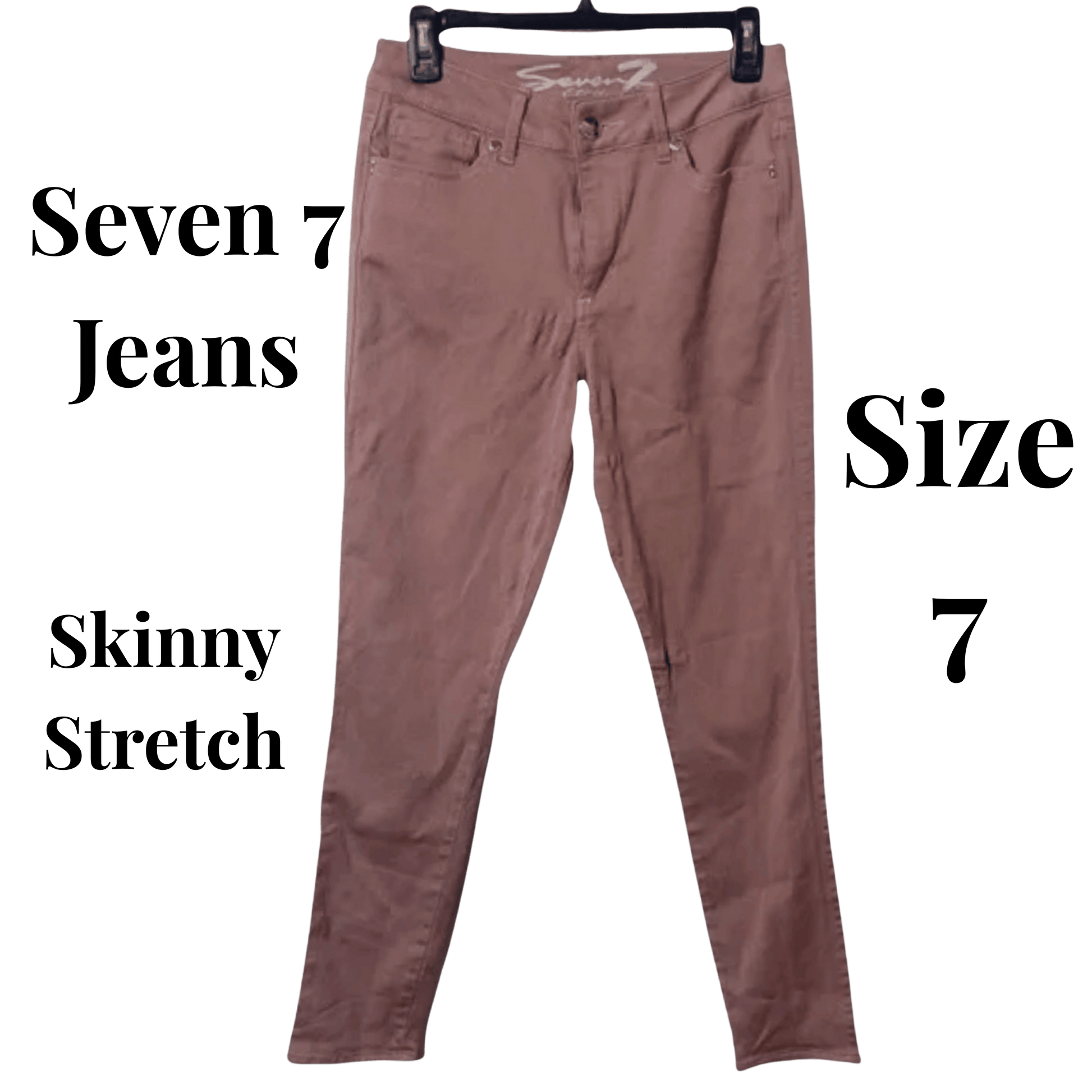 Brown skinny stretch jeans on a hanger with 'Seven 7 Jeans' branding.