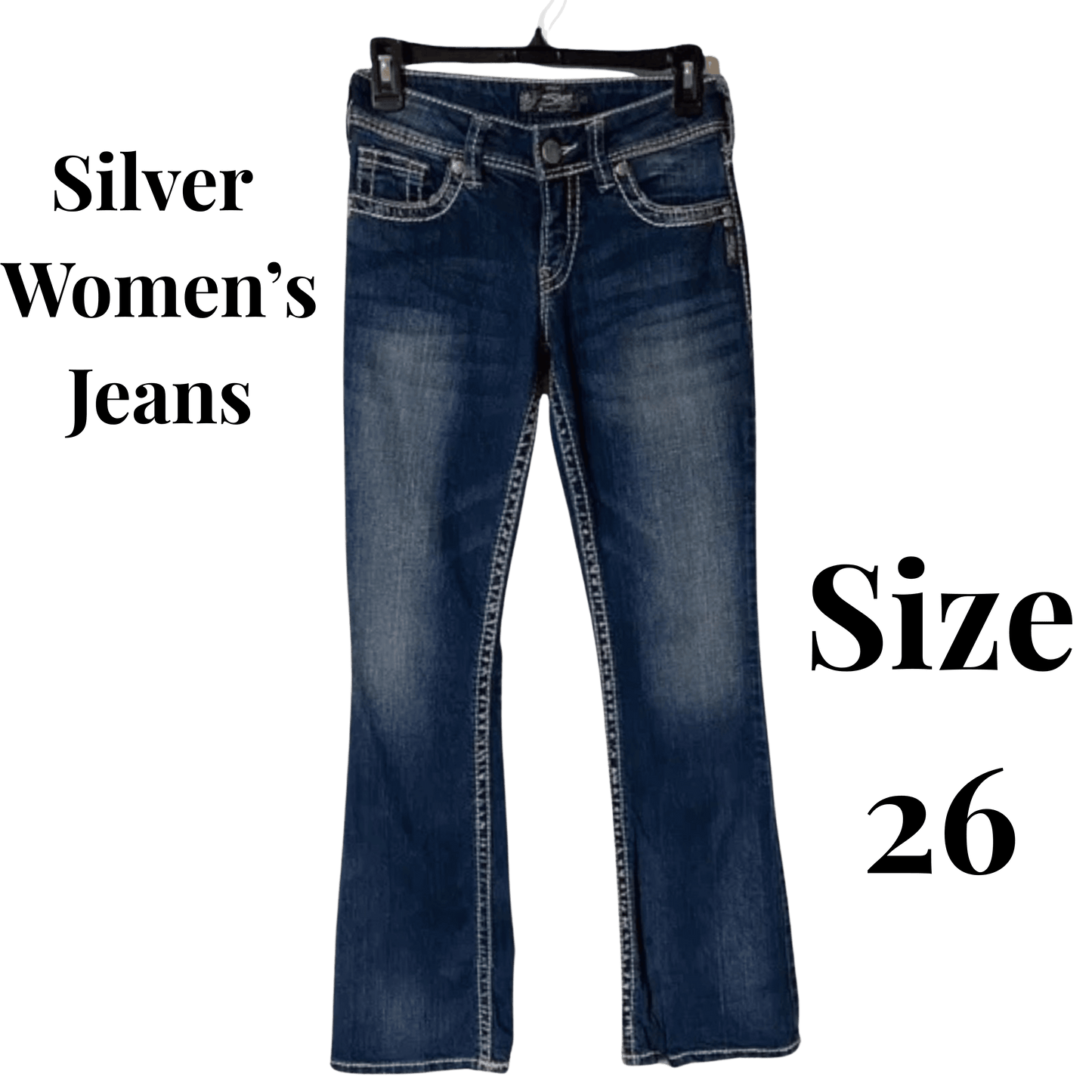 Blue women's jeans on a hanger with 'Silver Women's Jeans' and 'Size 26' text.