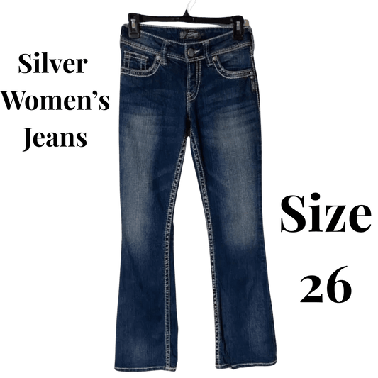 Blue women's jeans on a hanger with 'Silver Women's Jeans' and 'Size 26' text.