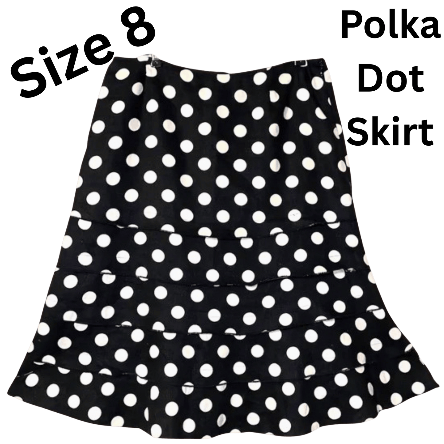 Black polka dot skirt with text indicating size 8 and type on a transparent background