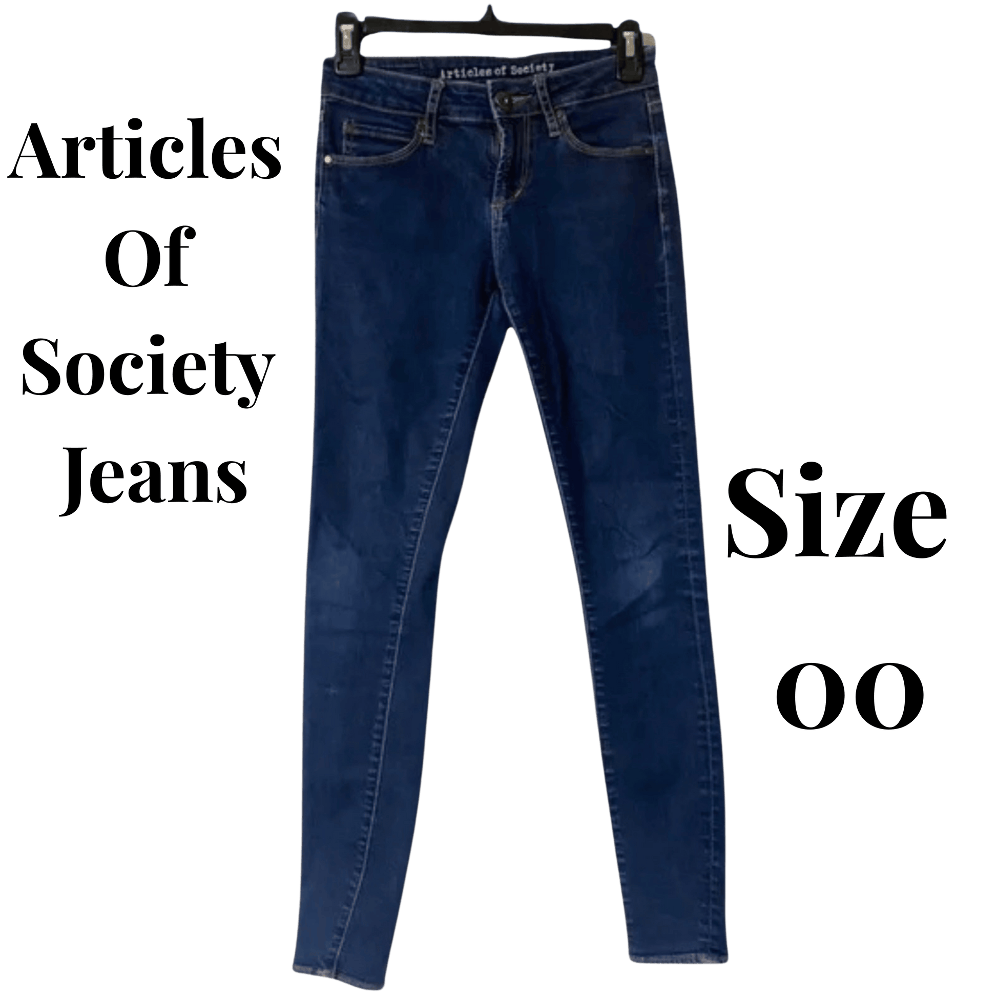 Blue jeans on a hanger with 'Articles Of Society Jeans' text and size '00' on a green background