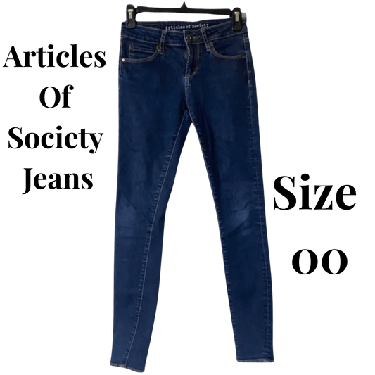 Blue jeans on a hanger with 'Articles Of Society Jeans' text and size '00' on a green background