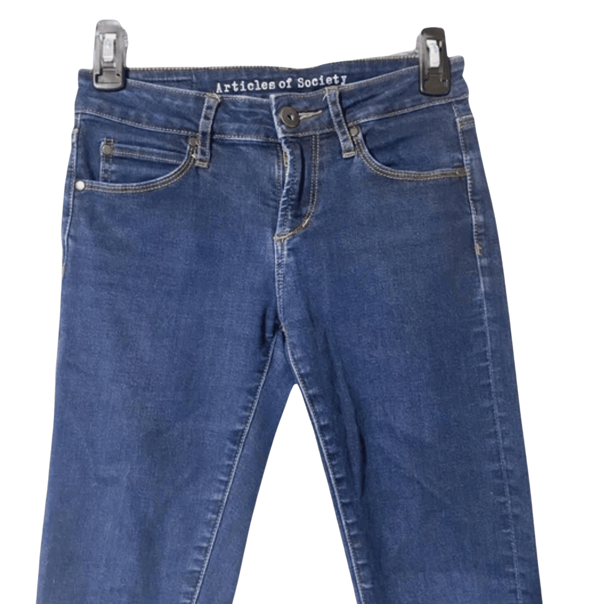 Blue jeans with 'Articles of Society' label on a transparent background