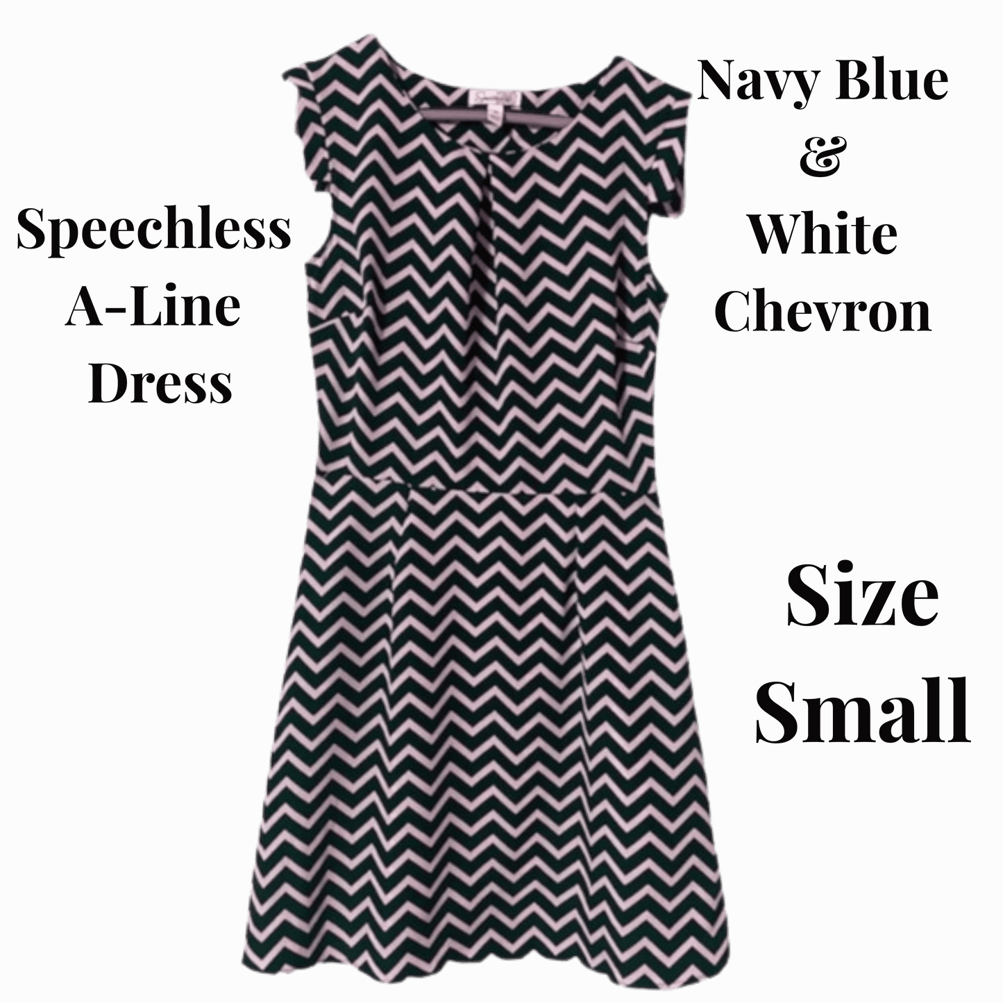 Navy blue and white chevron pattern dress on a gray background with text indicating size small.