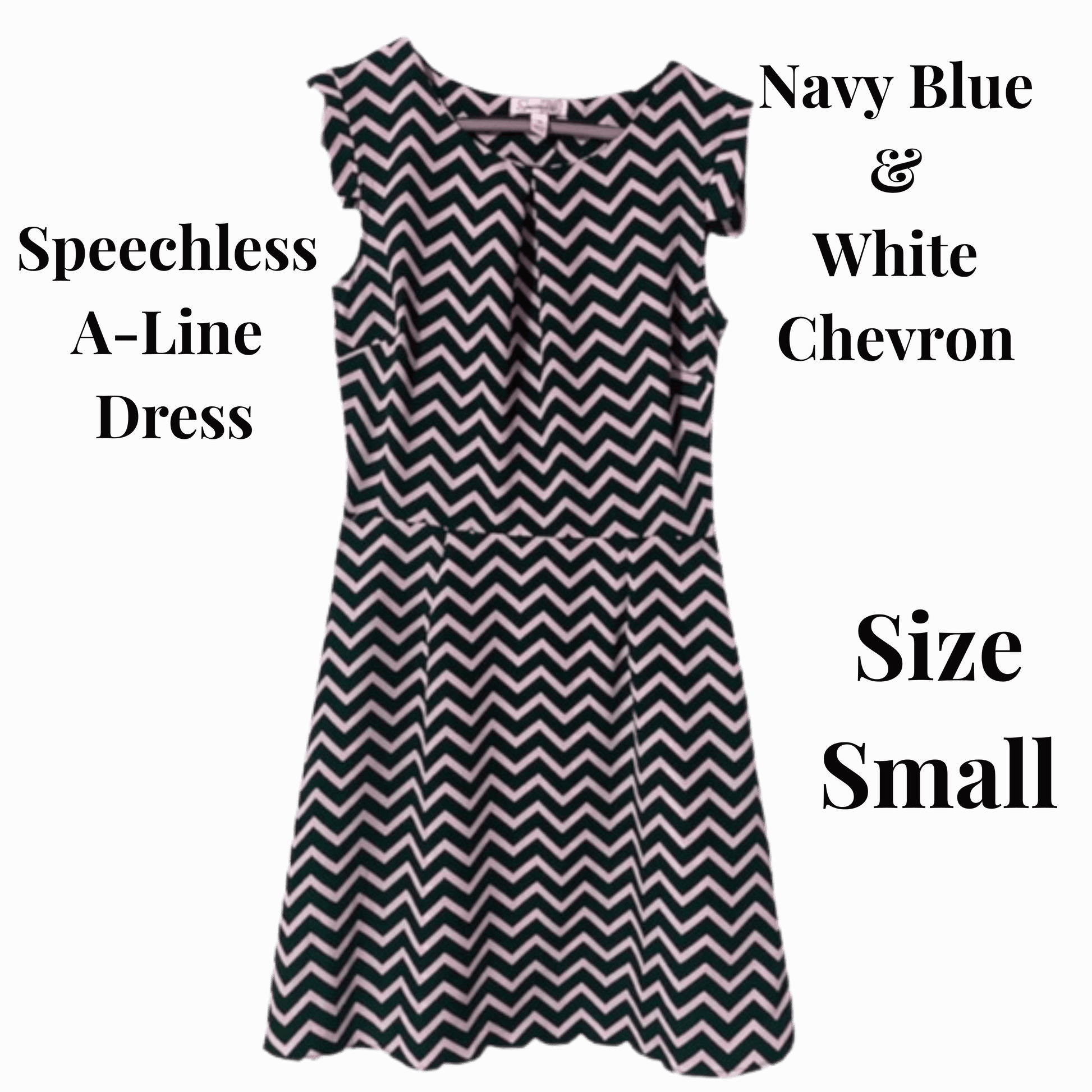Navy blue and white chevron pattern dress on a gray background with text indicating size small.