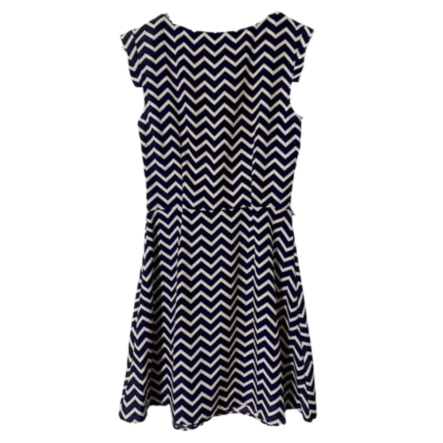 Navy and white chevron patterned dress on a white background