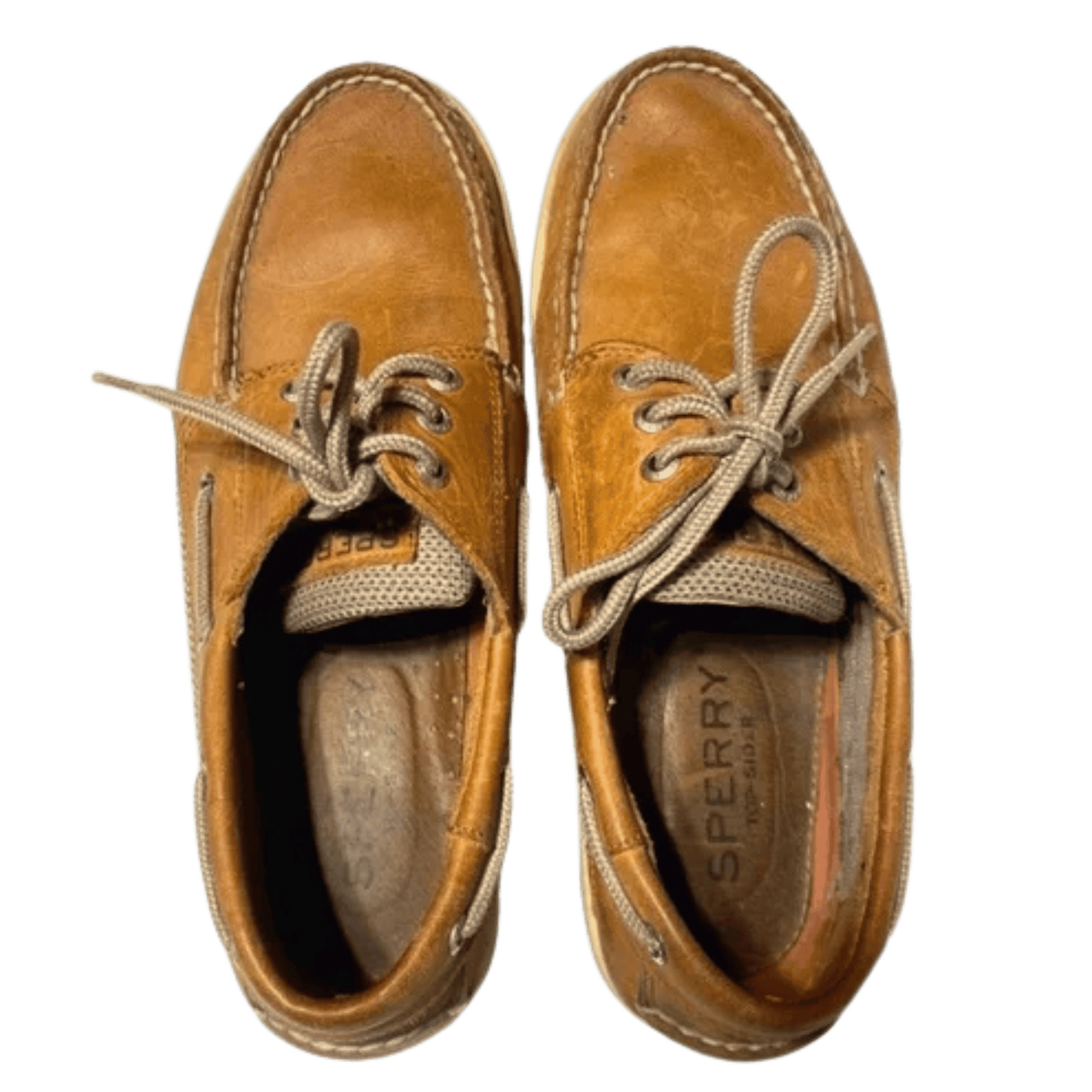 Pair of brown Sperry shoes with laces on a white background