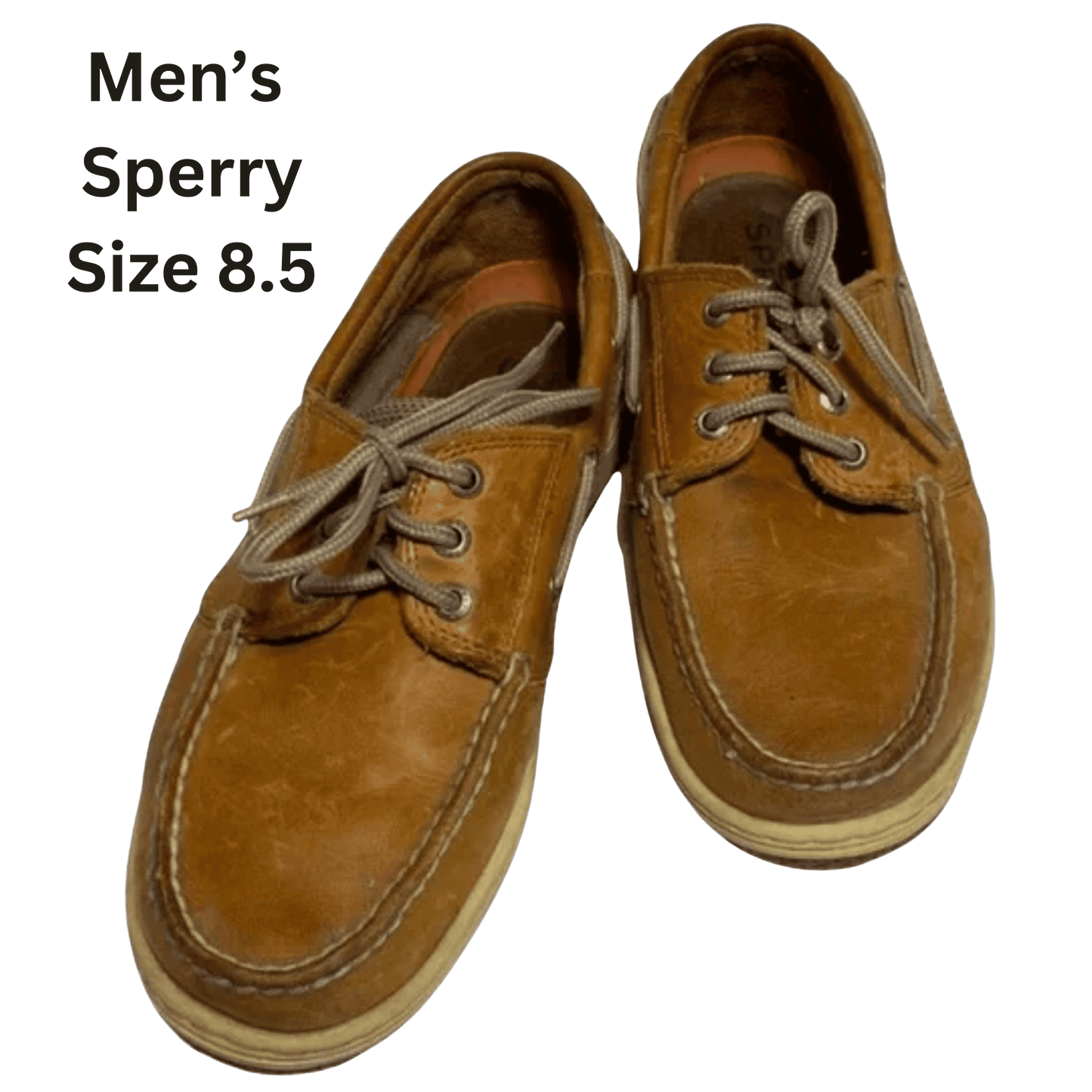 Pair of brown Sperry shoes with text indicating size 8.5 on a green background