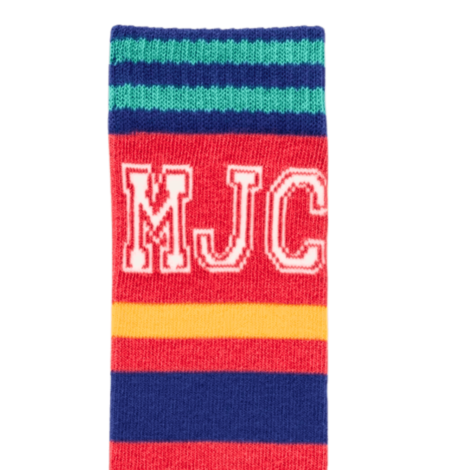Colorful sock with 'MJC' branding on a green background