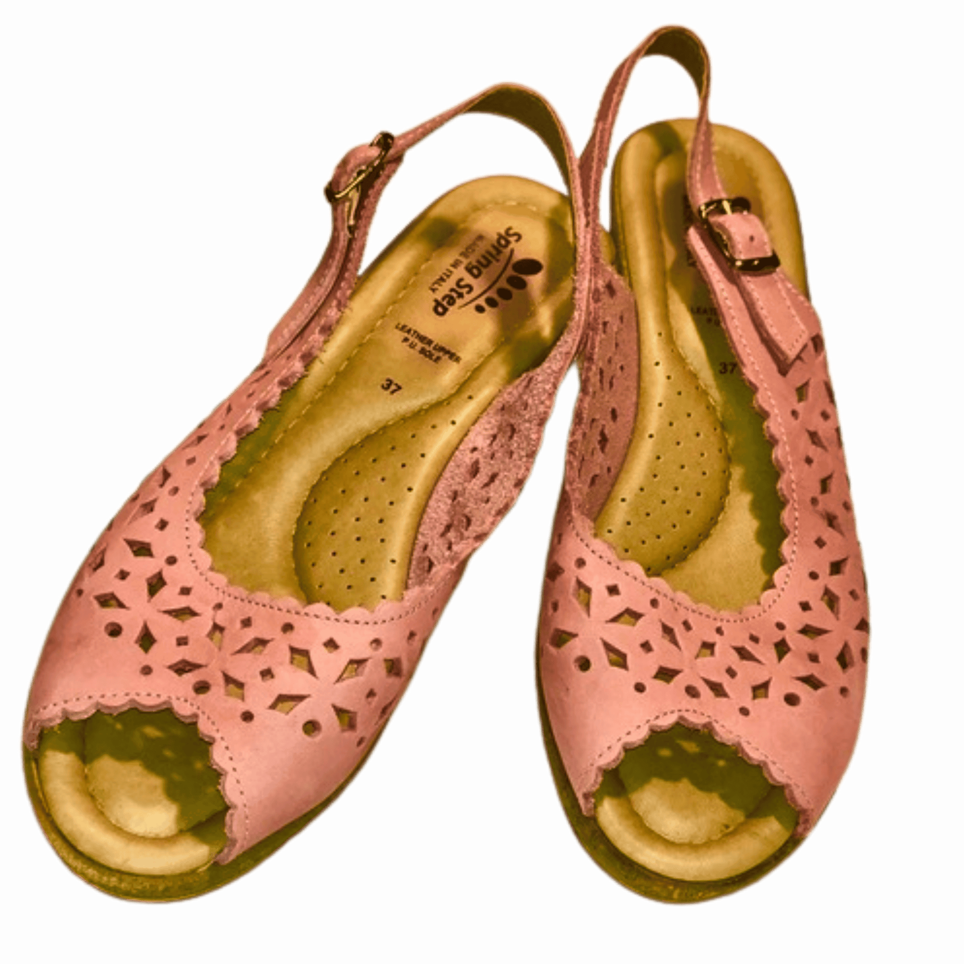 Pair of pink sandals with cut-out design on a blue background