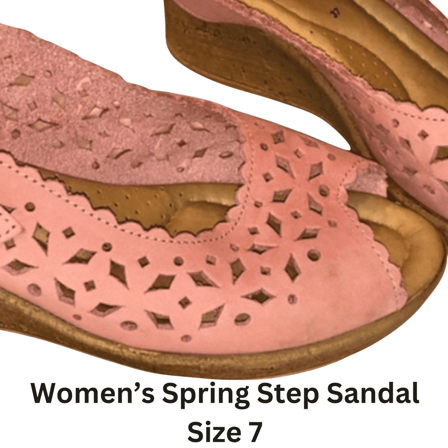 Pink women's sandal with cut-out design on a green background