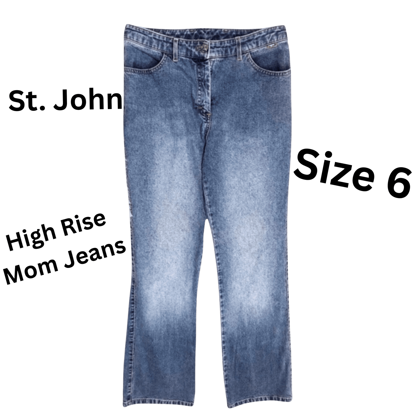 Blue jeans with 'St. John' branding and text indicating 'High Rise Mom Jeans' and 'Size 6' on a transparent background.