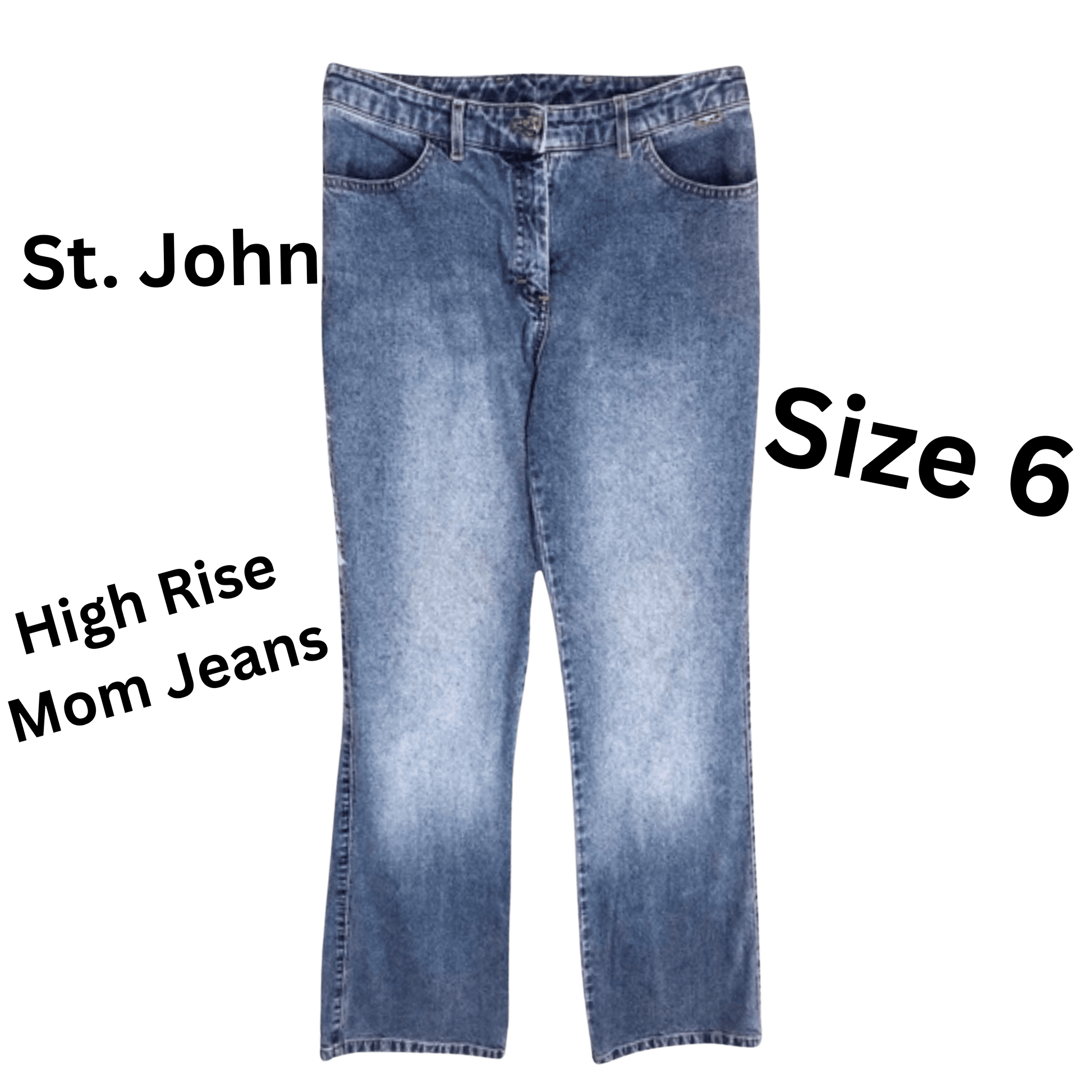 Blue jeans with 'St. John' branding and text indicating 'High Rise Mom Jeans' and 'Size 6' on a transparent background.