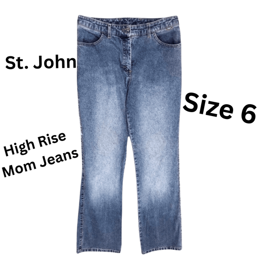 Blue jeans with 'St. John' branding and text indicating 'High Rise Mom Jeans' and 'Size 6' on a transparent background.