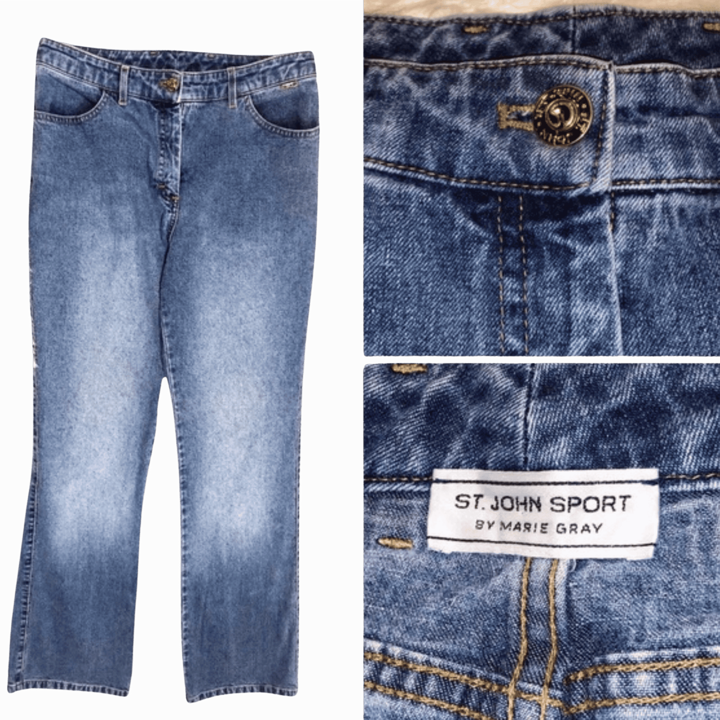 Blue jeans with a brand label on a gray background
